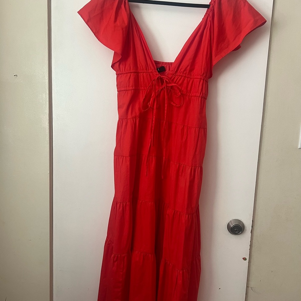 Orange Red Flutter Sleeve Tiered Midi Dress - Picture 8 of 8